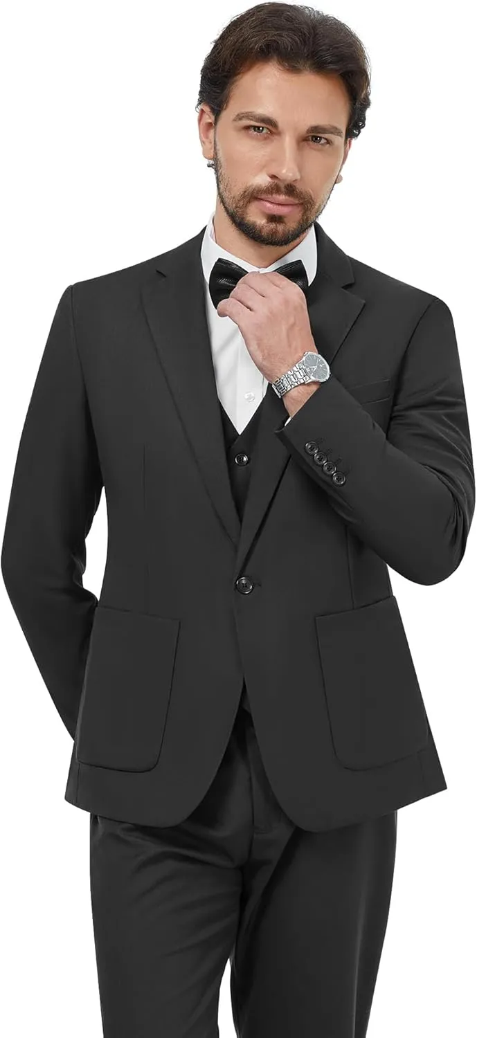 MAGE MALE Mens Tuxedo Suit Set 3 Piece Slim Fit Suits Wedding Prom Suits Patch Pockets Blazer Vest Pants Set with Bow Tie