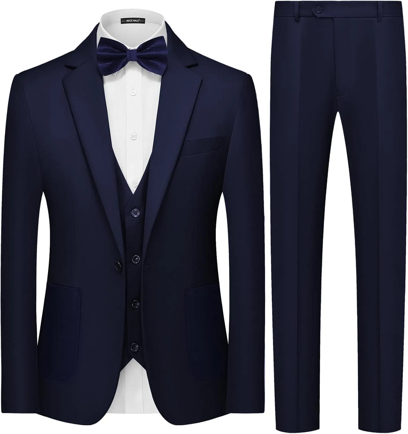 MAGE MALE Mens Tuxedo Suit Set 3 Piece Slim Fit Suits Wedding Prom Suits Patch Pockets Blazer Vest Pants Set with Bow Tie