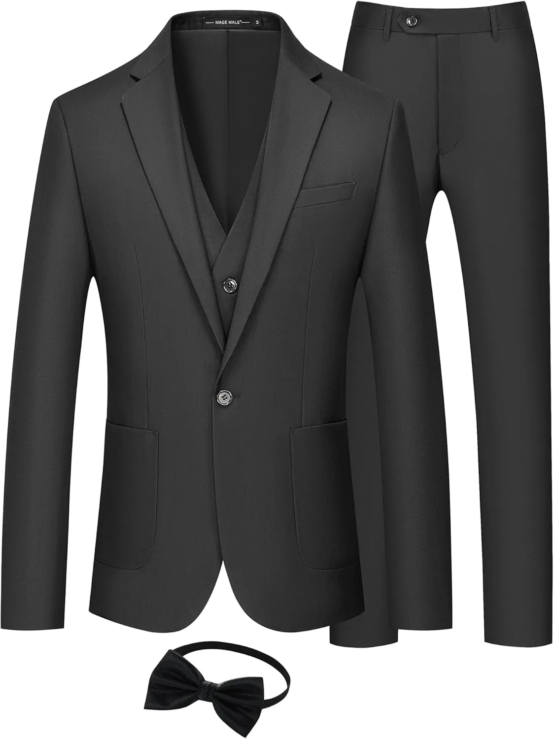 MAGE MALE Mens Tuxedo Suit Set 3 Piece Slim Fit Suits Wedding Prom Suits Patch Pockets Blazer Vest Pants Set with Bow Tie