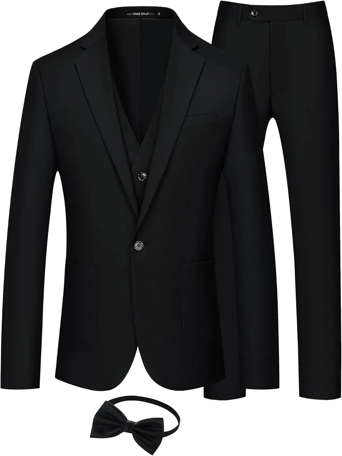 MAGE MALE Mens Tuxedo Suit Set 3 Piece Slim Fit Suits Wedding Prom Suits Patch Pockets Blazer Vest Pants Set with Bow Tie