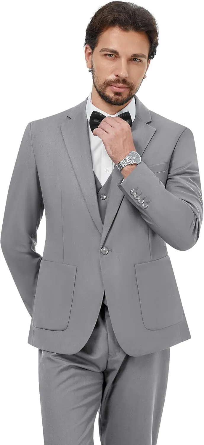 MAGE MALE Mens Tuxedo Suit Set 3 Piece Slim Fit Suits Wedding Prom Suits Patch Pockets Blazer Vest Pants Set with Bow Tie