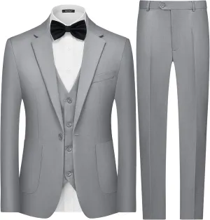 MAGE MALE Mens Tuxedo Suit Set 3 Piece Slim Fit Suits Wedding Prom Suits Patch Pockets Blazer Vest Pants Set with Bow Tie