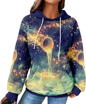 MARSVOVO Constellation Zodiac Graphic Hoodies for Women Gothic Waffle Sweatshirt Loose Casual Drawstring Fall Pullover