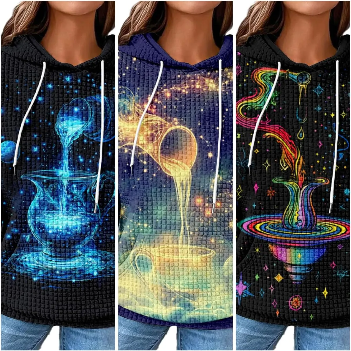 MARSVOVO Constellation Zodiac Graphic Hoodies for Women Gothic Waffle Sweatshirt Loose Casual Drawstring Fall Pullover