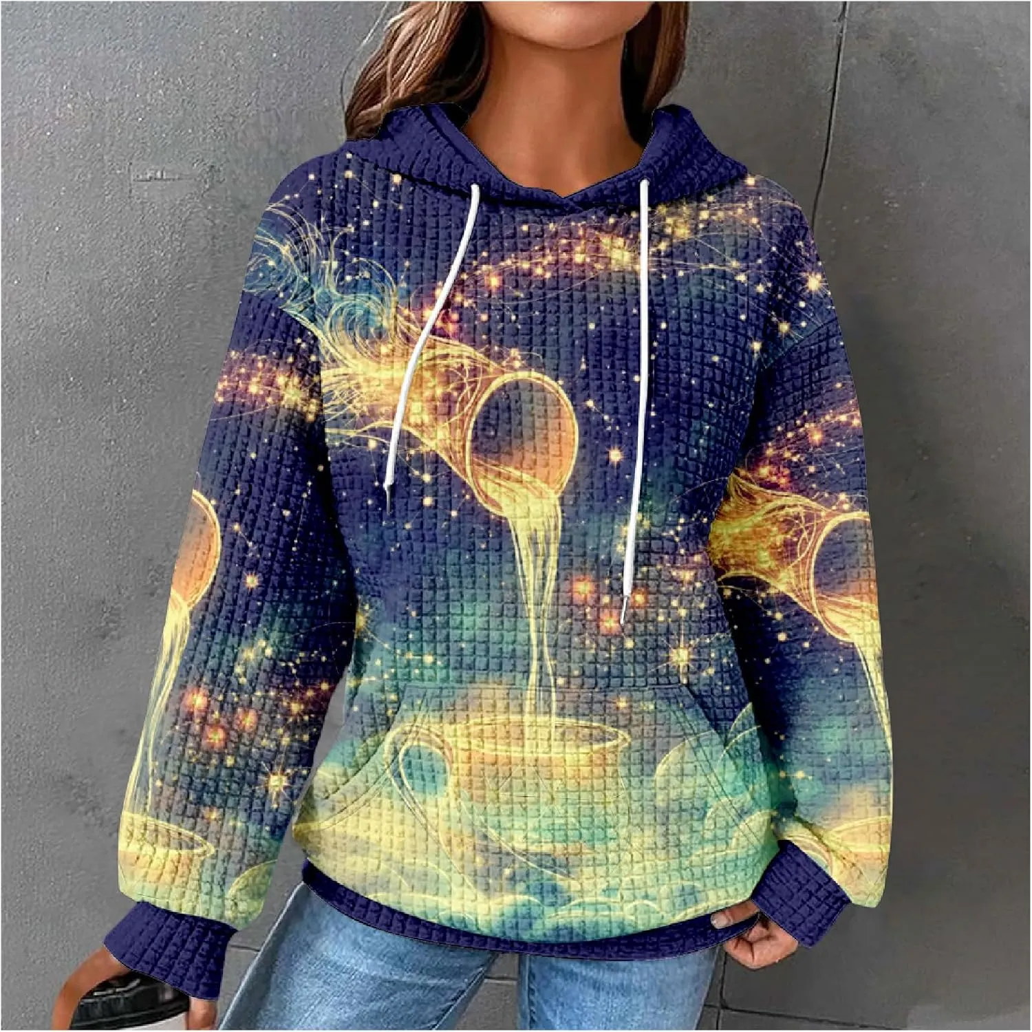 MARSVOVO Constellation Zodiac Graphic Hoodies for Women Gothic Waffle Sweatshirt Loose Casual Drawstring Fall Pullover