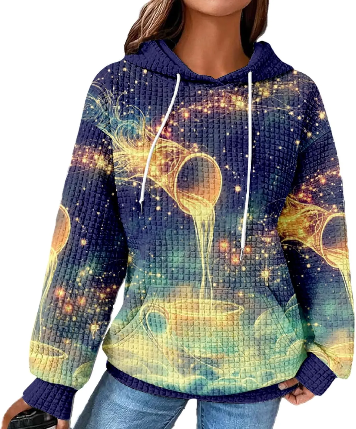 MARSVOVO Constellation Zodiac Graphic Hoodies for Women Gothic Waffle Sweatshirt Loose Casual Drawstring Fall Pullover