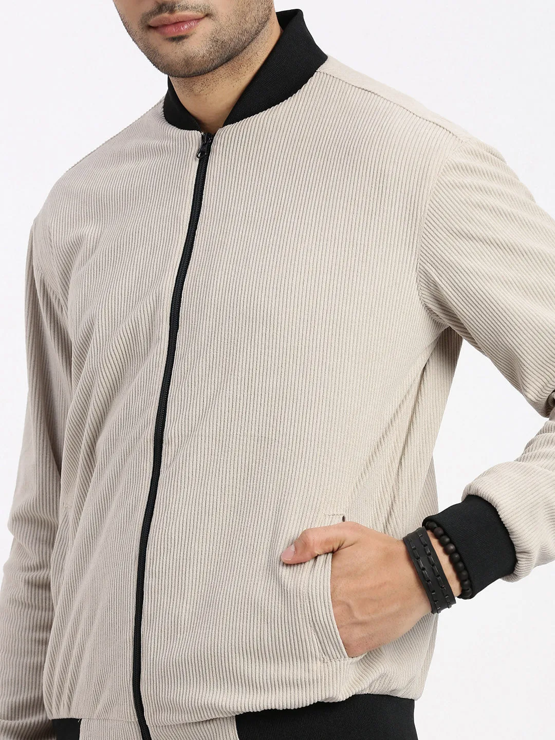 Men Beige Mandarin Collar Bomber Jacket