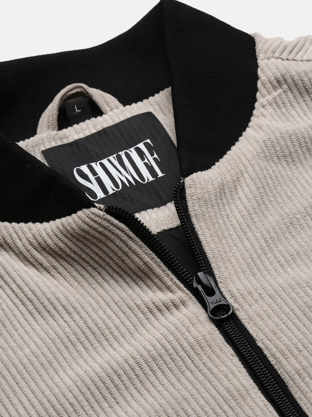 Men Beige Mandarin Collar Bomber Jacket