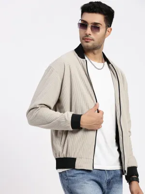 Men Beige Mandarin Collar Bomber Jacket