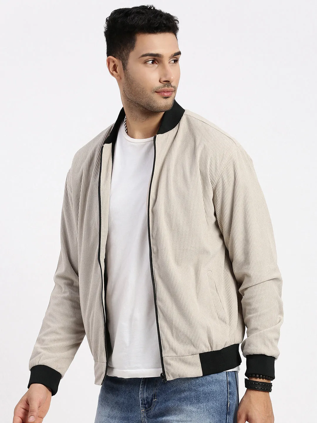 Men Beige Mandarin Collar Bomber Jacket