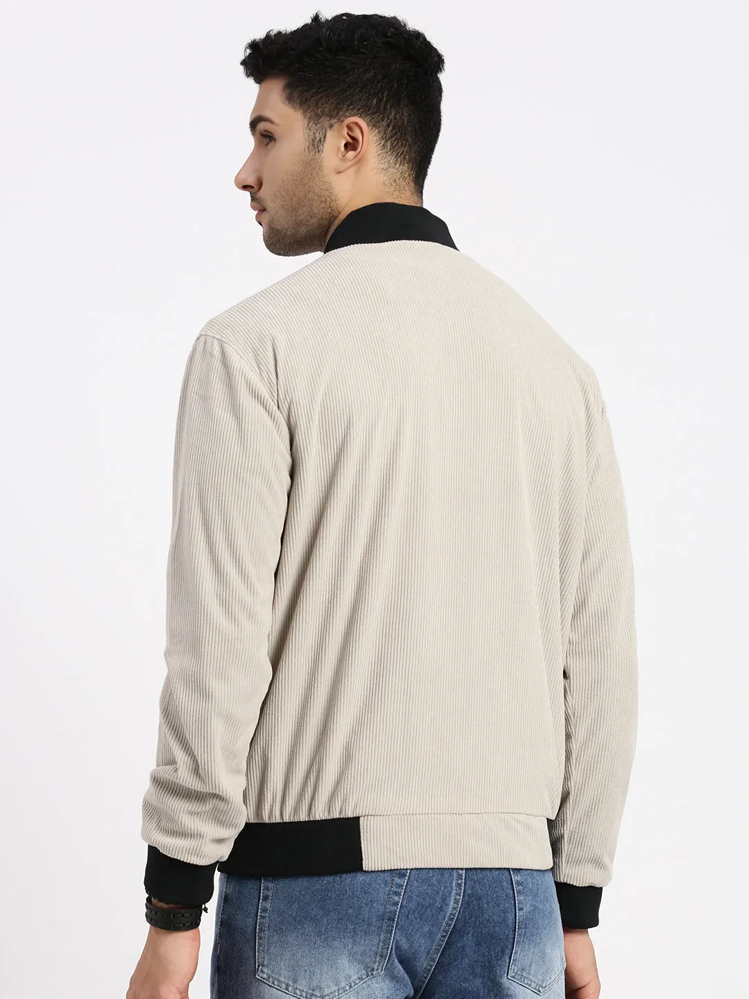 Men Beige Mandarin Collar Bomber Jacket
