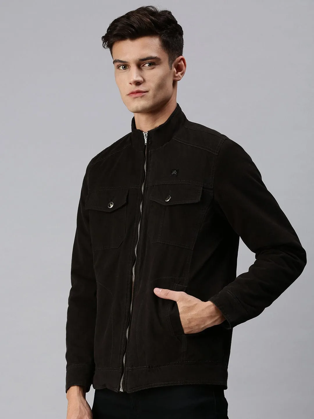 Men Black Bomber with Embroidered Jacket