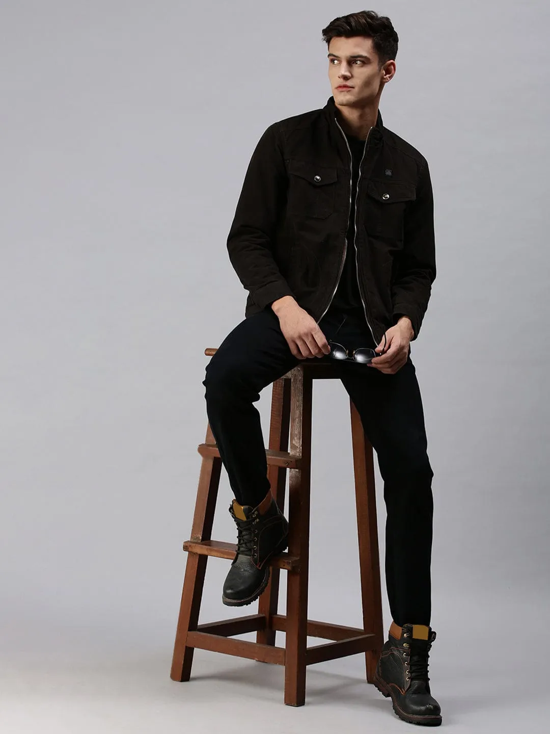 Men Black Bomber with Embroidered Jacket