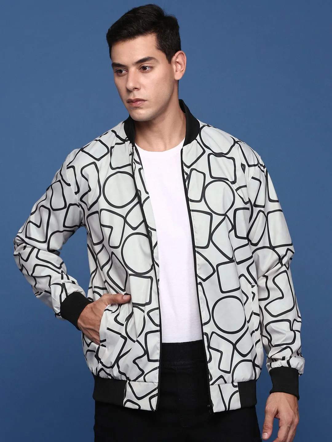 Men Grey Mandarin Collar Windcheater Bomber Jacket