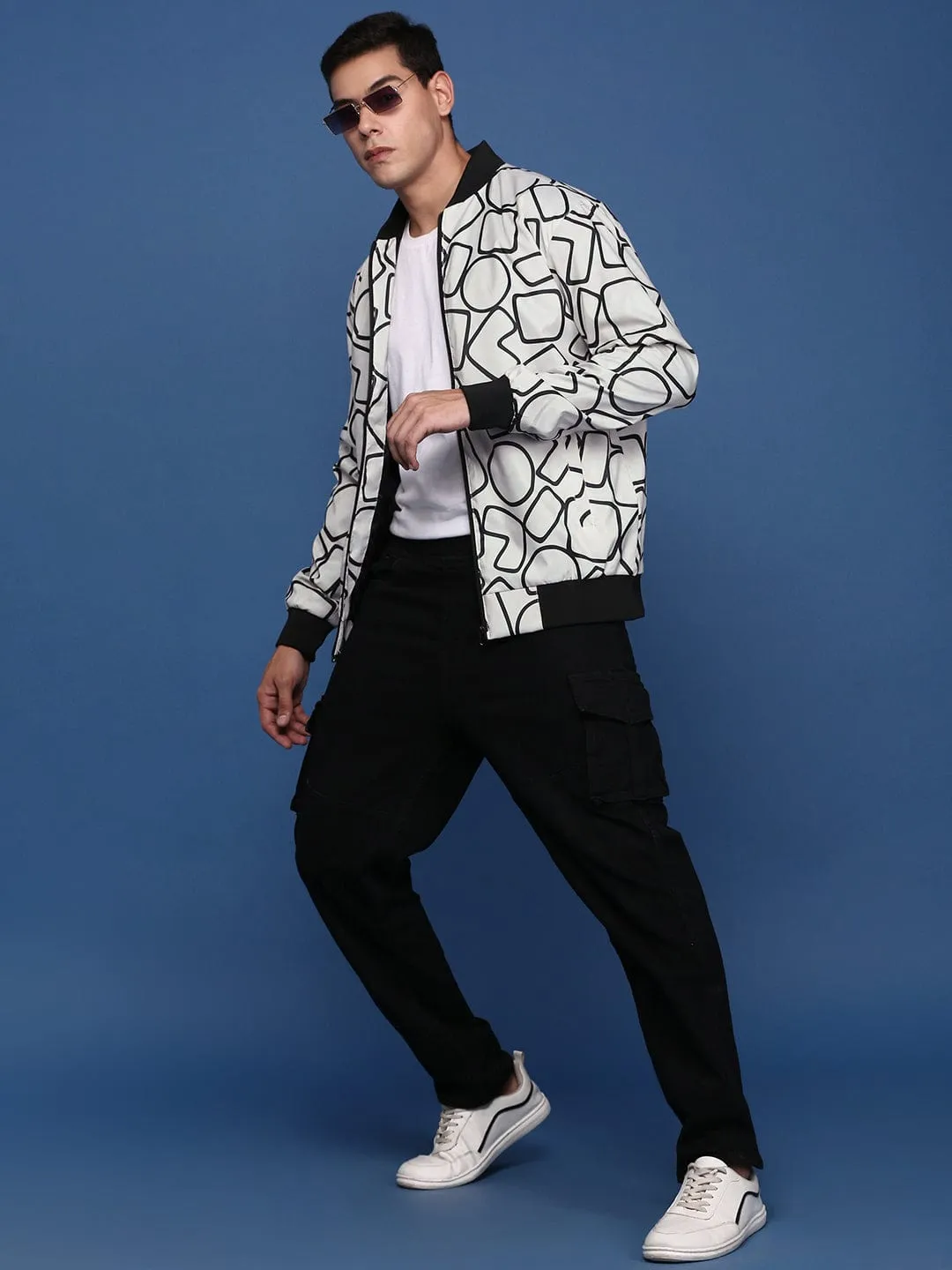 Men Grey Mandarin Collar Windcheater Bomber Jacket