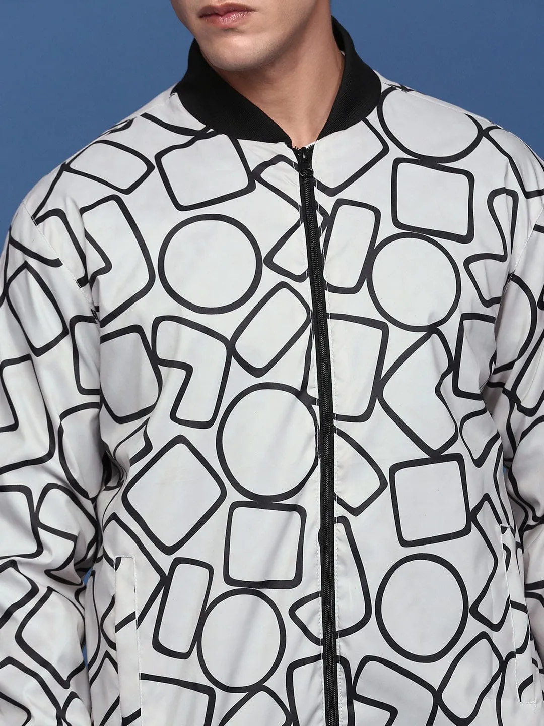 Men Grey Mandarin Collar Windcheater Bomber Jacket