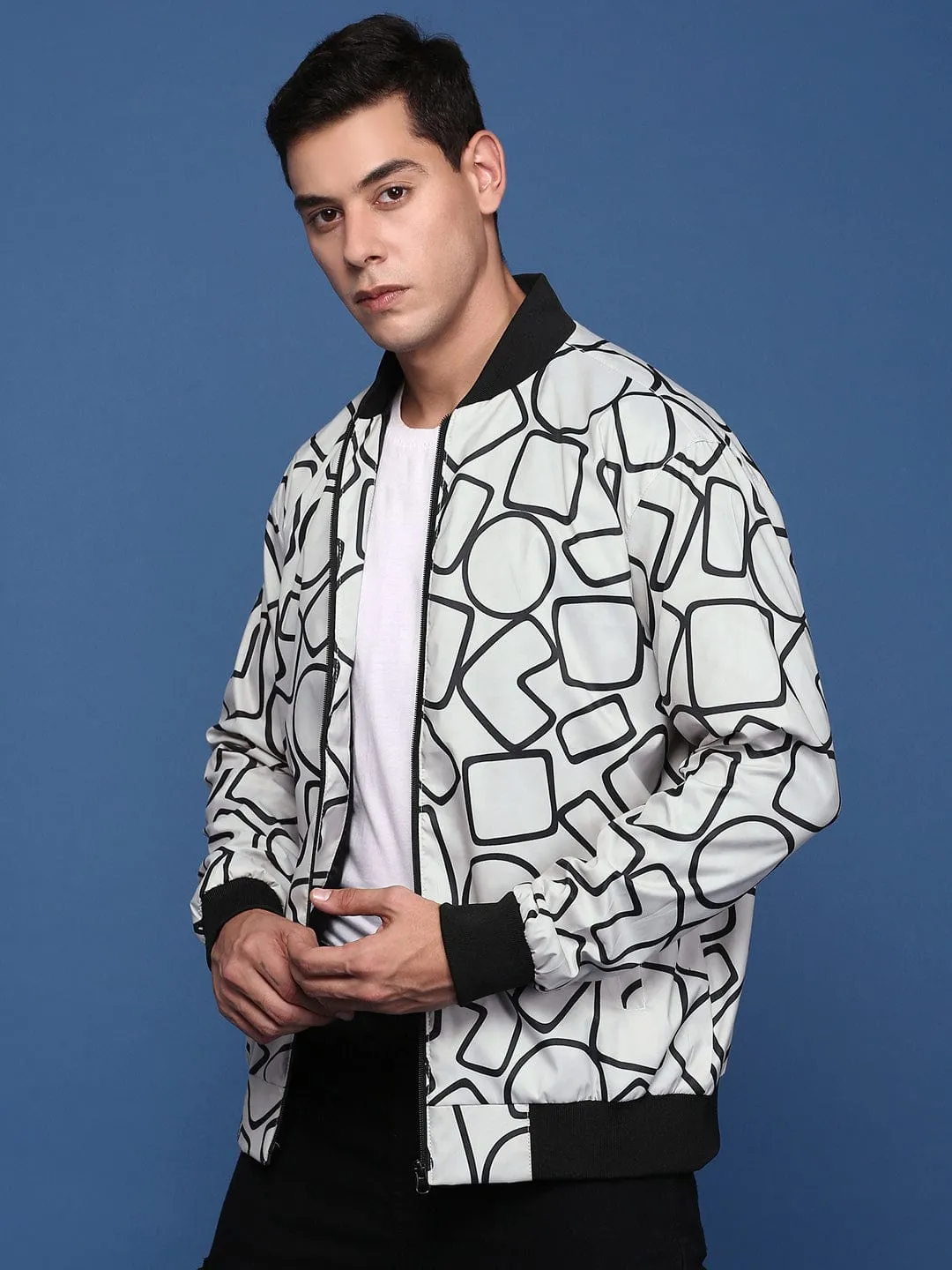 Men Grey Mandarin Collar Windcheater Bomber Jacket