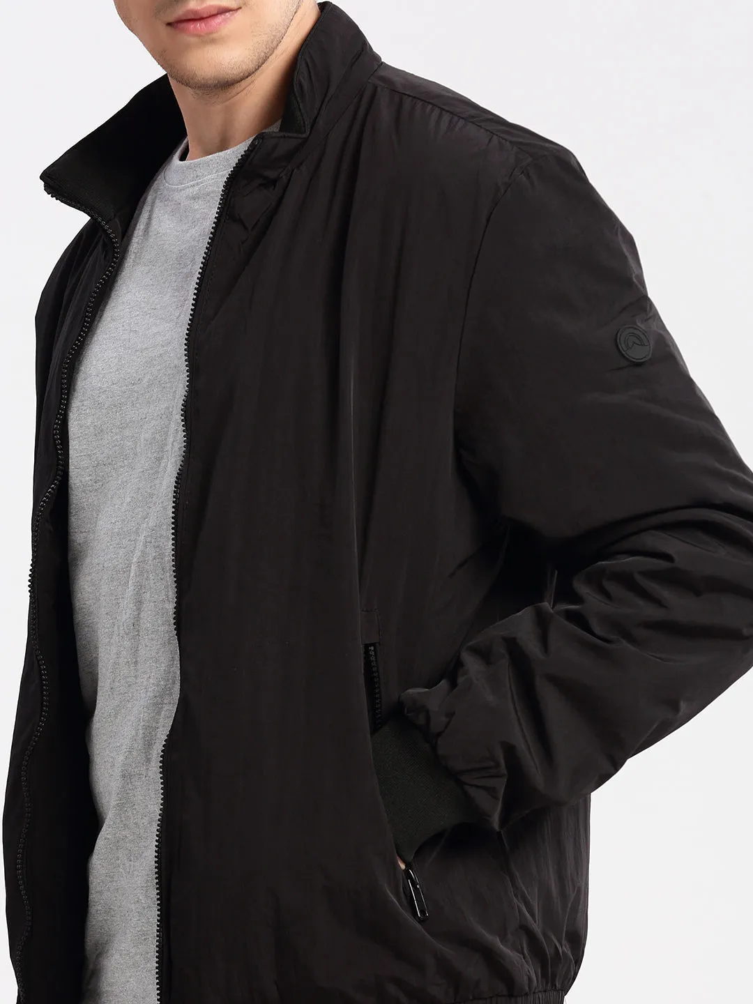 Men Mock Collar Black Slim-Fit Bomber Jacket