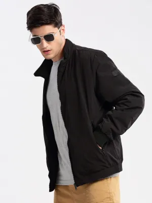 Men Mock Collar Black Slim-Fit Bomber Jacket