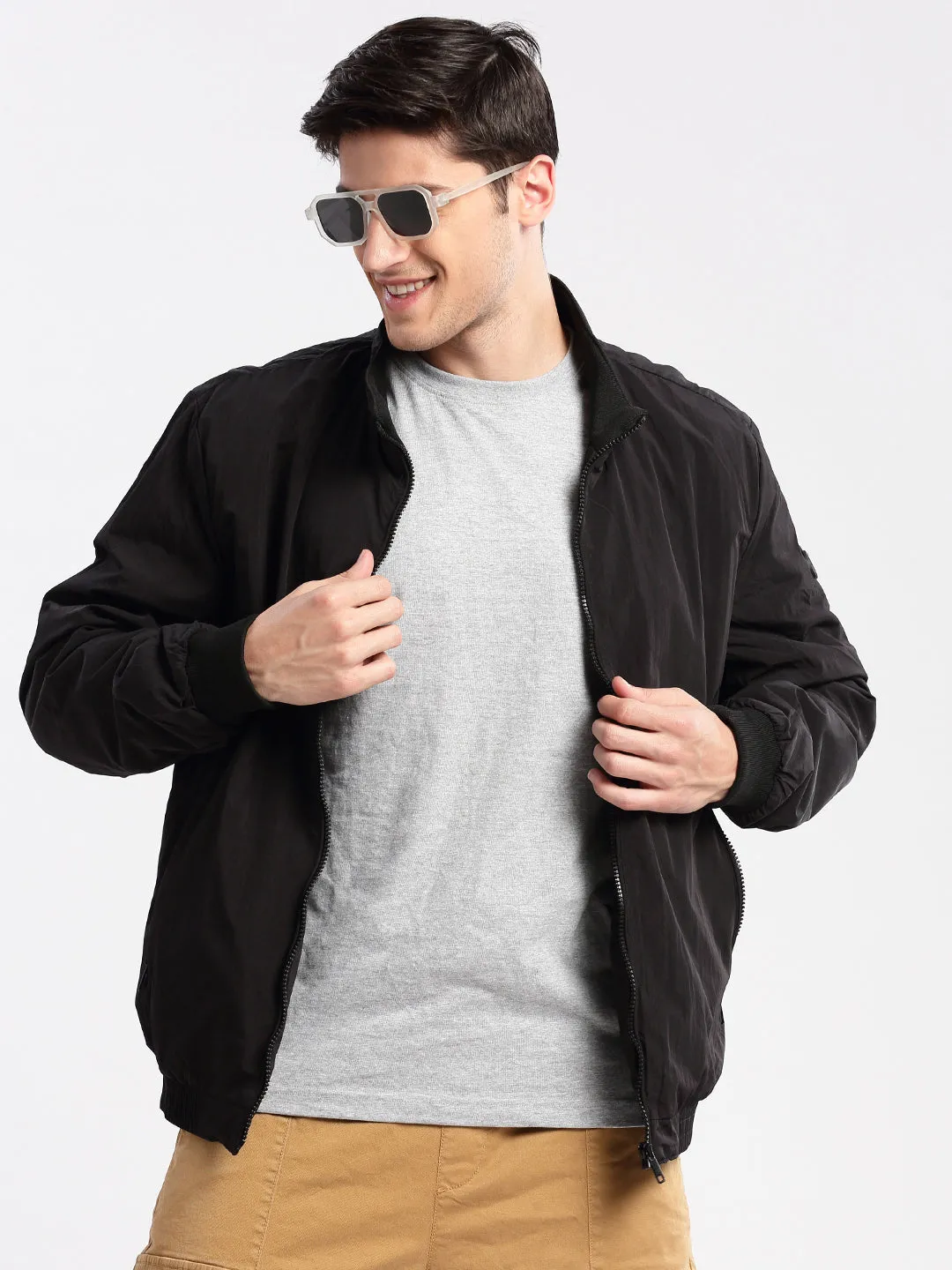 Men Mock Collar Black Slim-Fit Bomber Jacket