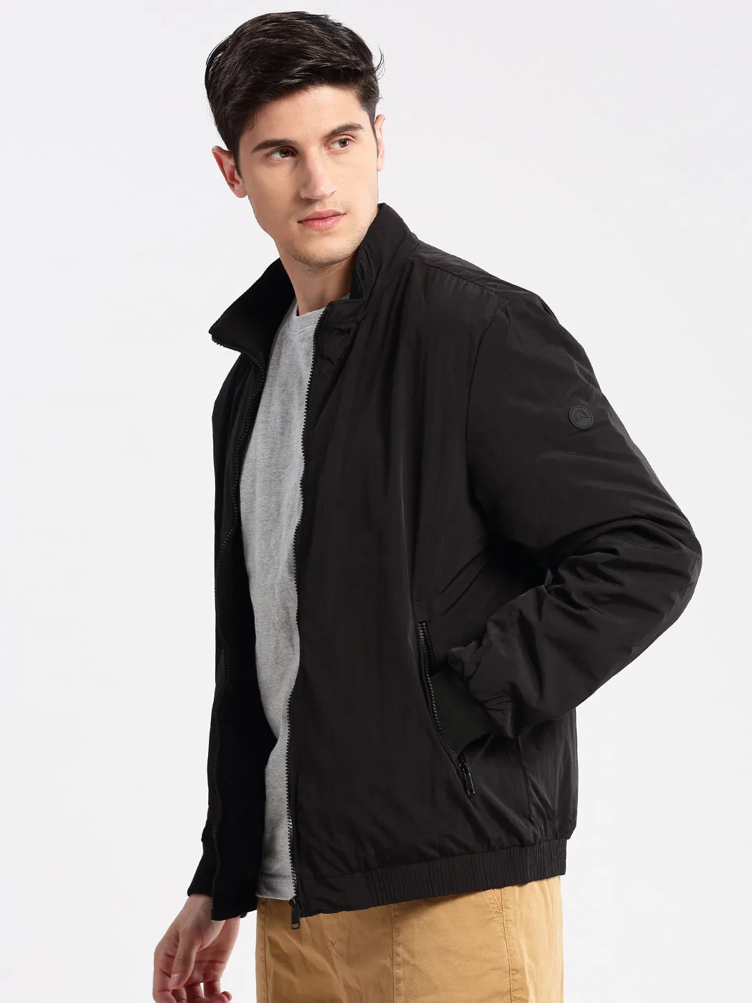 Men Mock Collar Black Slim-Fit Bomber Jacket