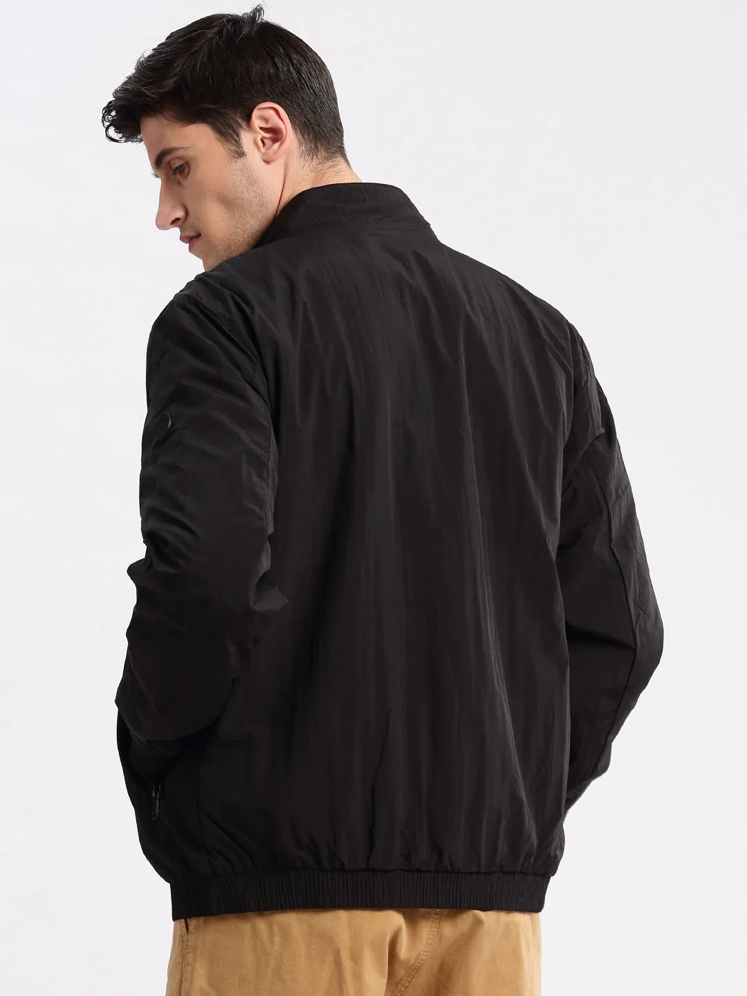 Men Mock Collar Black Slim-Fit Bomber Jacket