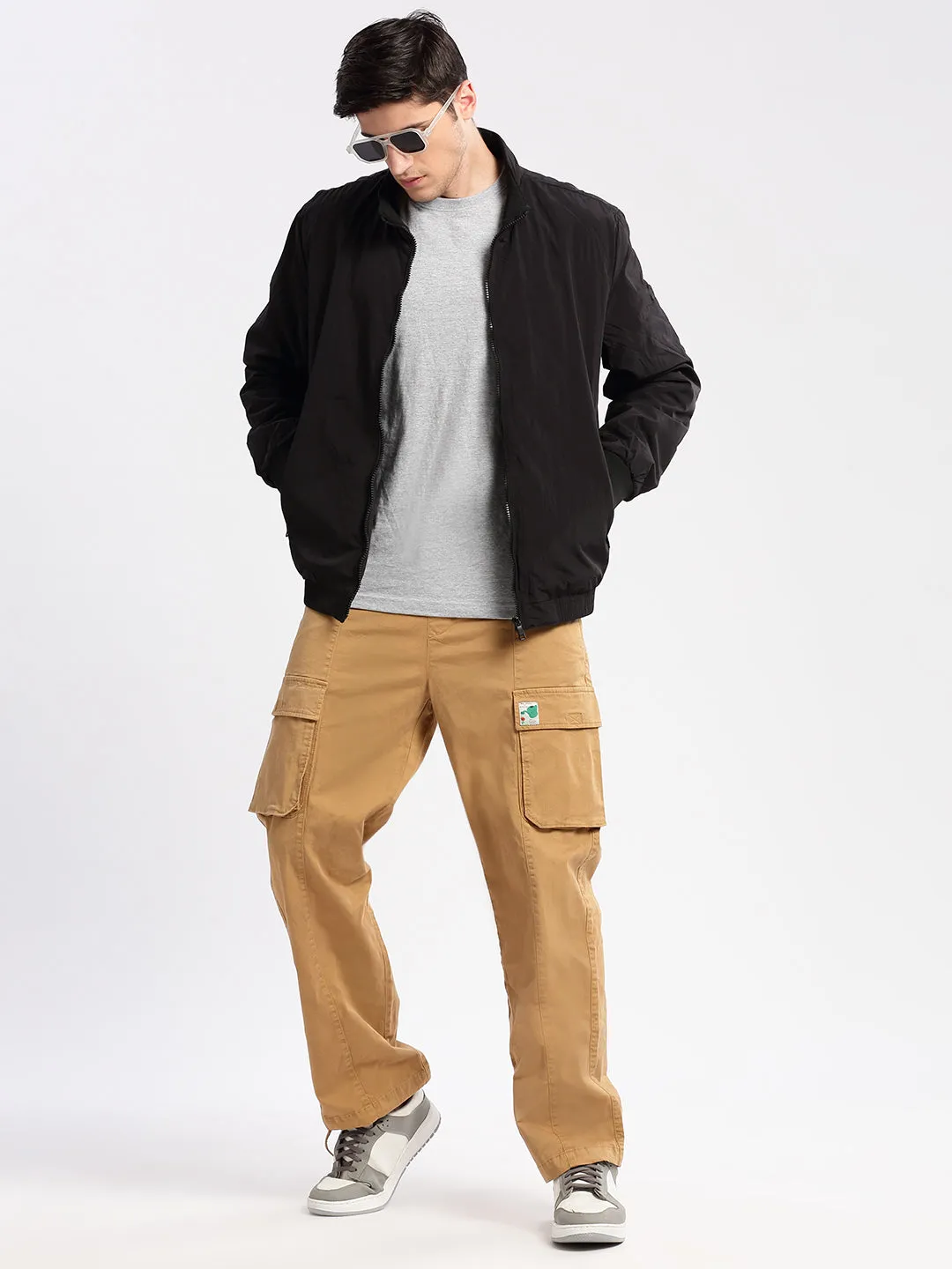 Men Mock Collar Black Slim-Fit Bomber Jacket