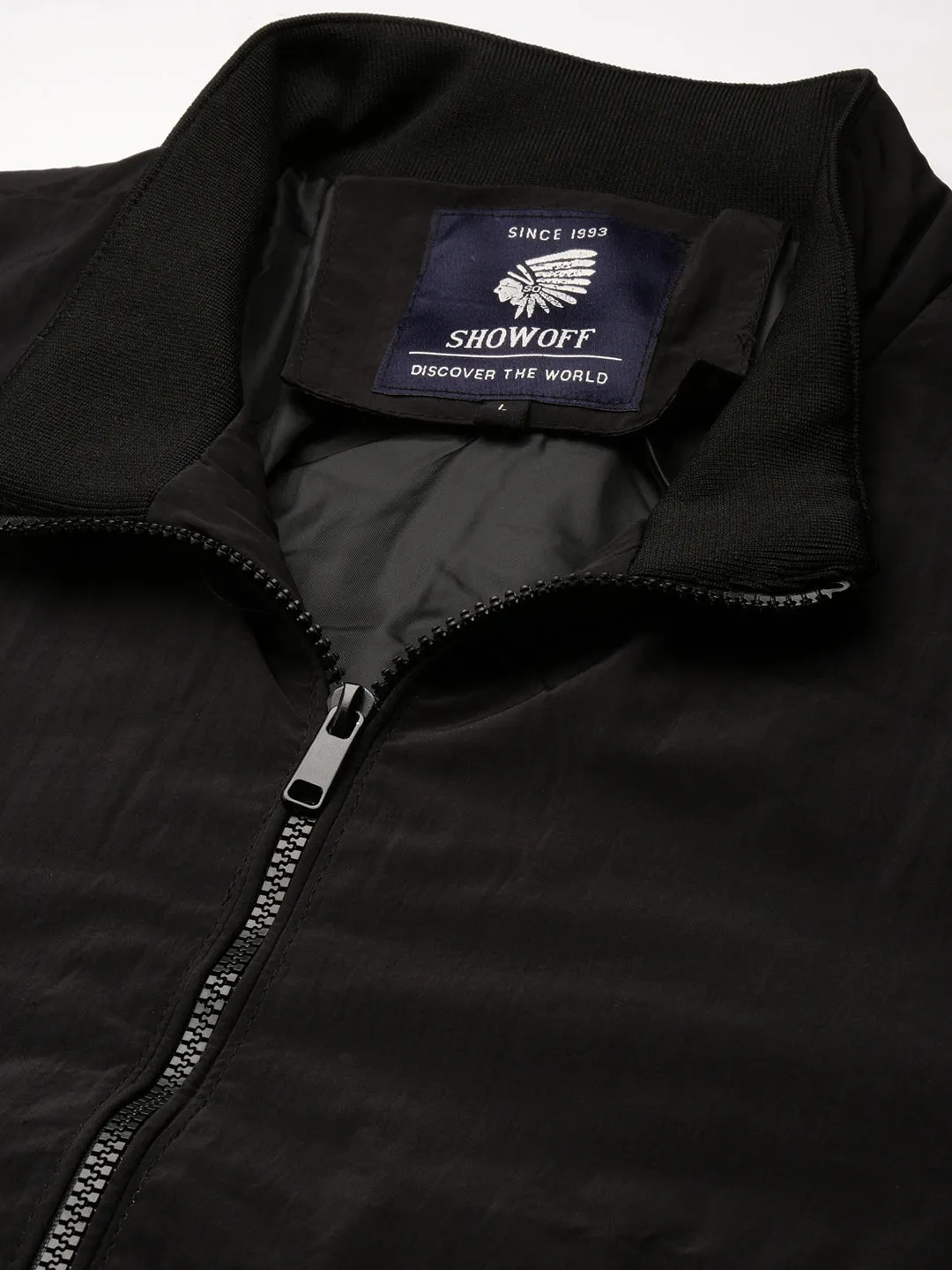 Men Mock Collar Black Slim-Fit Bomber Jacket