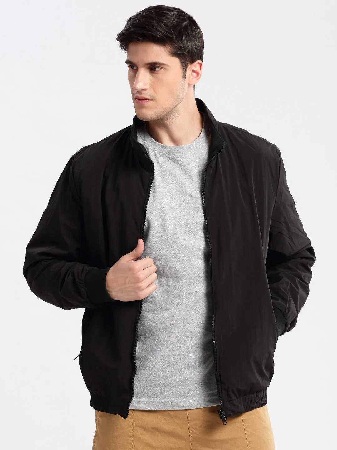 Men Mock Collar Black Slim-Fit Bomber Jacket