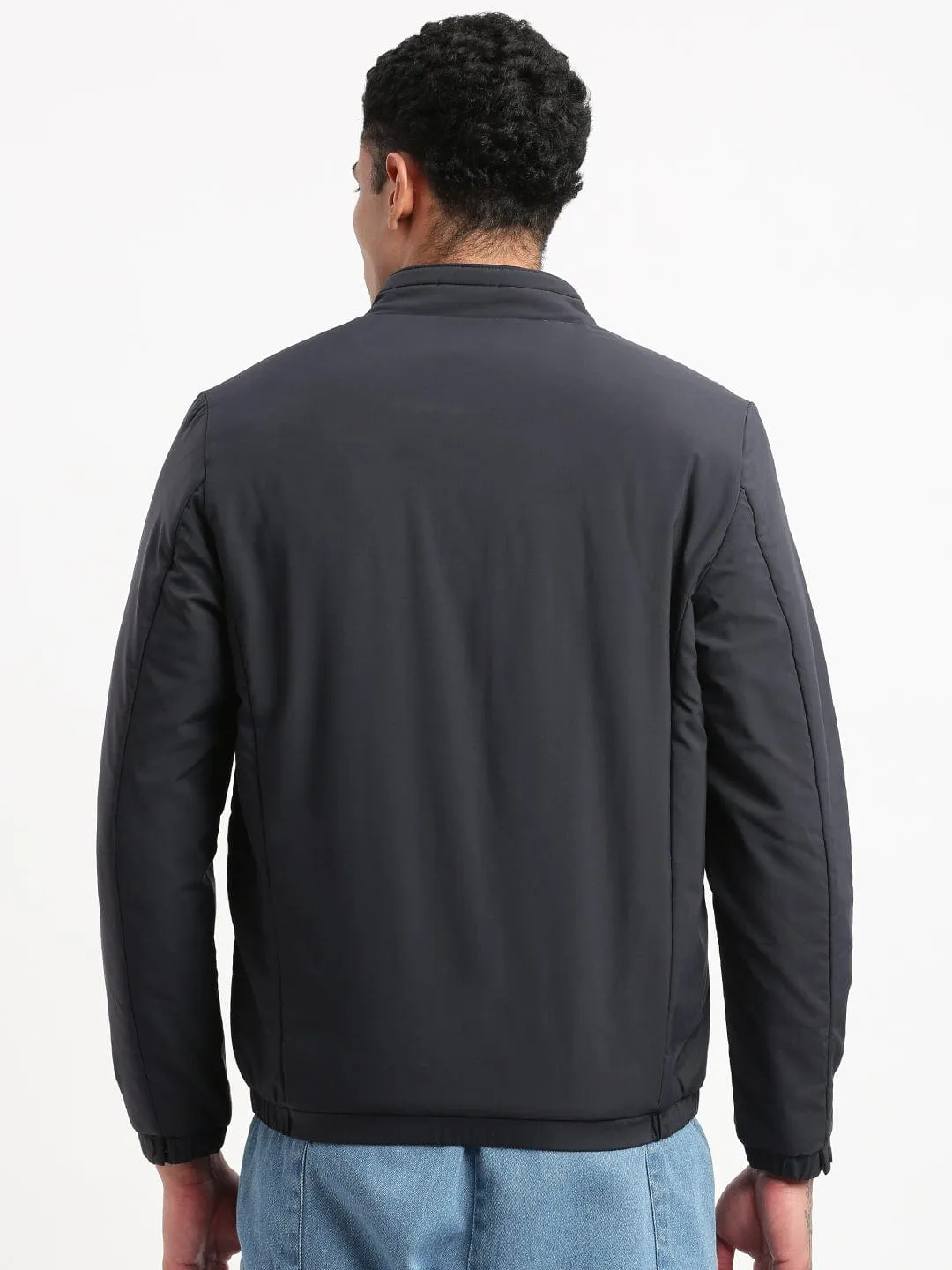Men Mock Collar Navy Blue Solid Casual Bomber Jacket