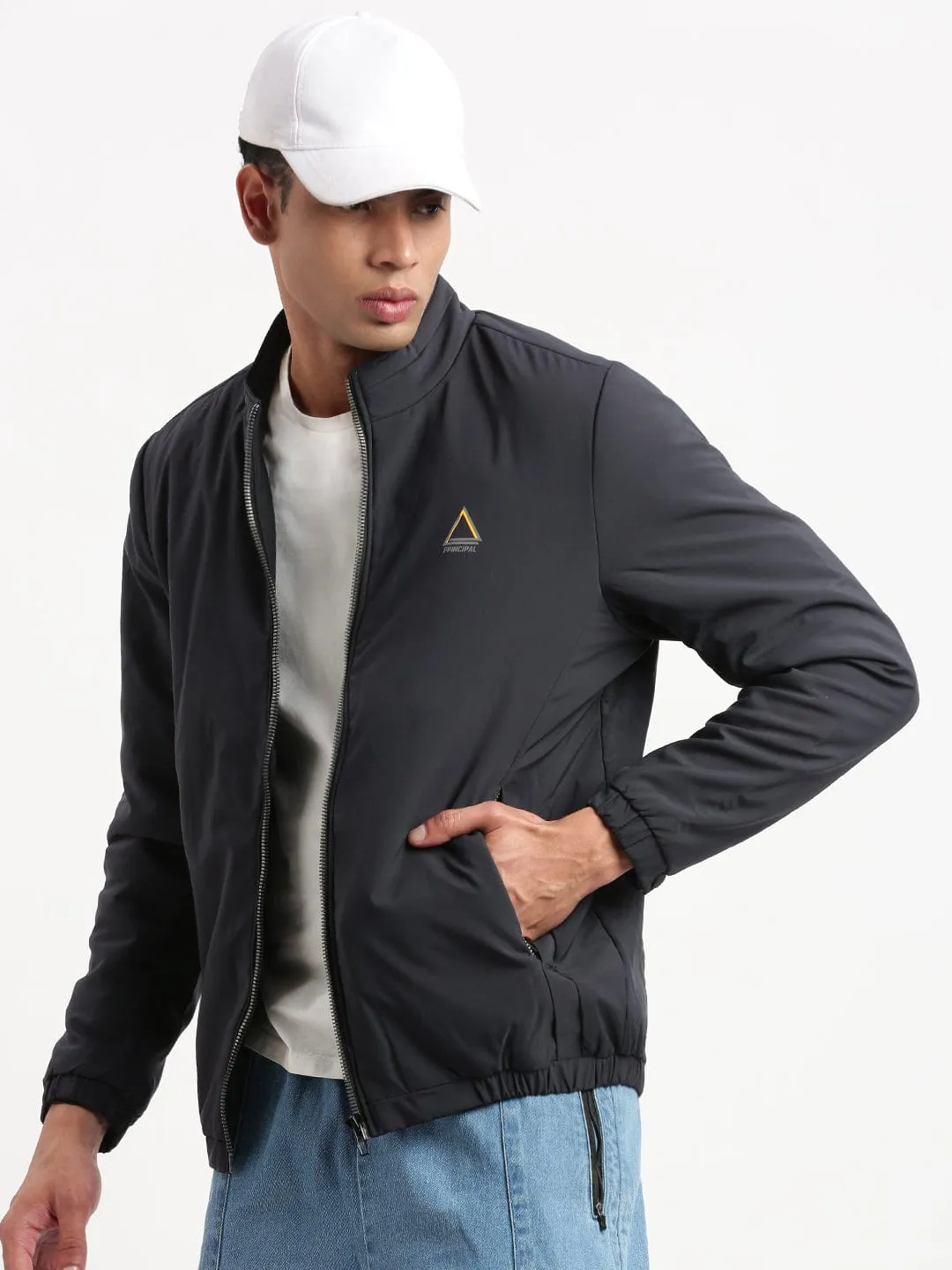 Men Mock Collar Navy Blue Solid Casual Bomber Jacket