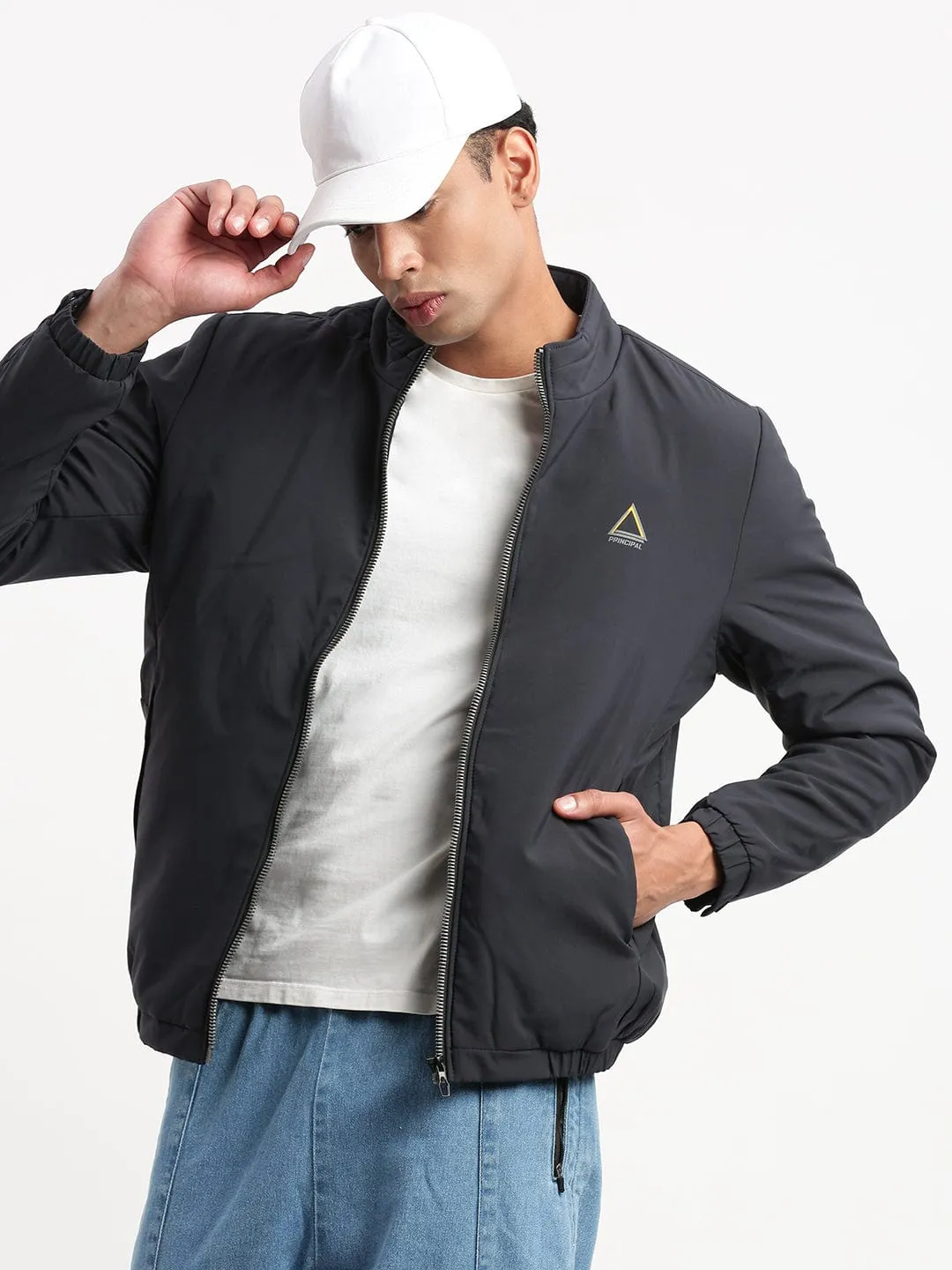 Men Mock Collar Navy Blue Solid Casual Bomber Jacket