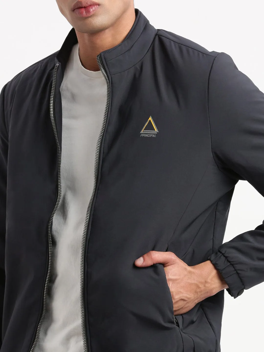 Men Mock Collar Navy Blue Solid Casual Bomber Jacket