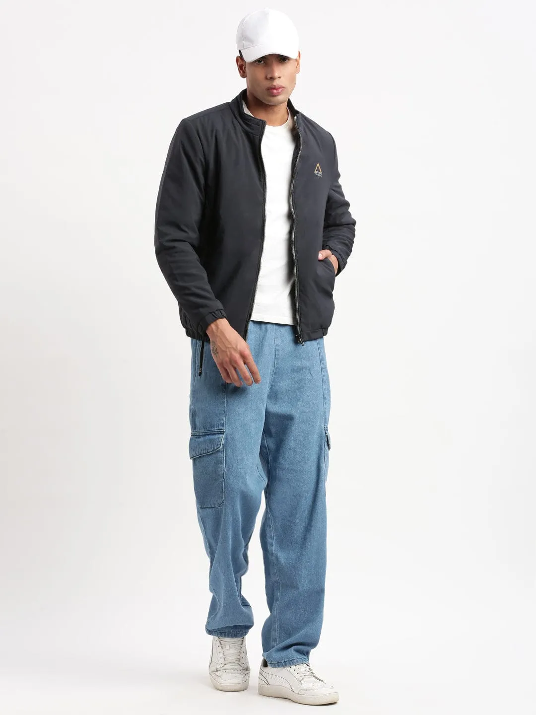 Men Mock Collar Navy Blue Solid Casual Bomber Jacket