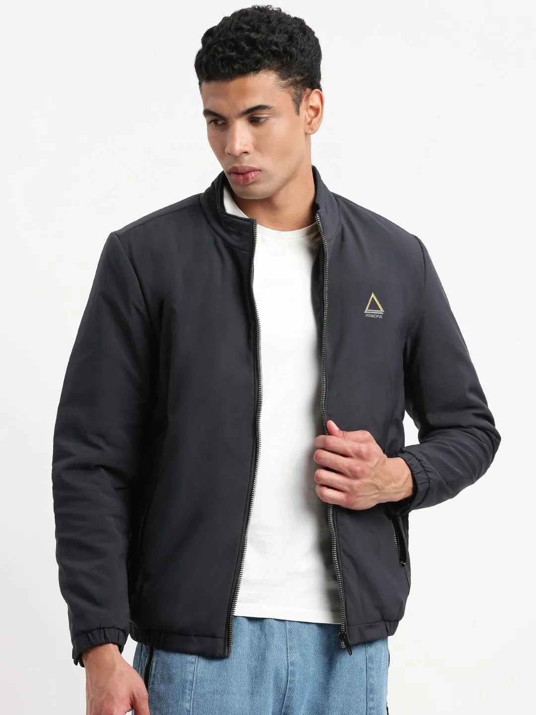 Men Mock Collar Navy Blue Solid Casual Bomber Jacket