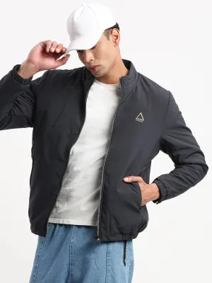 Men Mock Collar Navy Blue Solid Casual Bomber Jacket