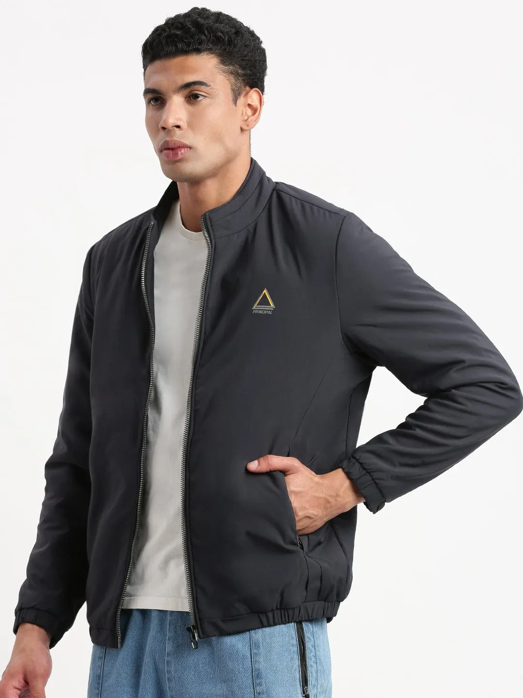 Men Mock Collar Navy Blue Solid Casual Bomber Jacket