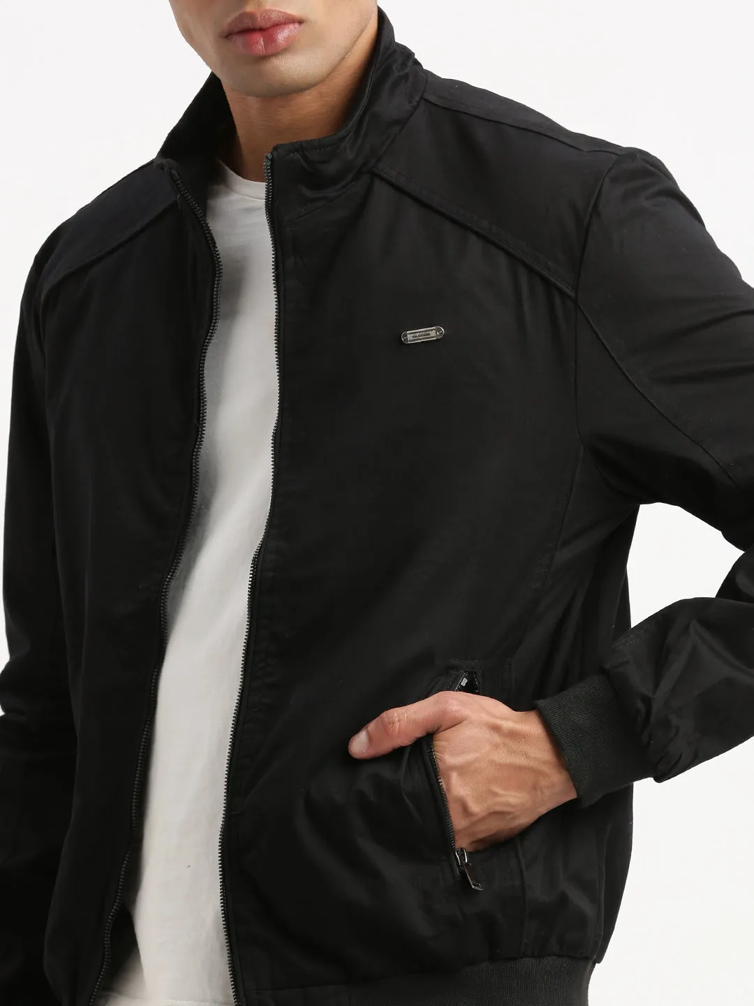 Men Mock Collar Solid Black Bomber Jacket