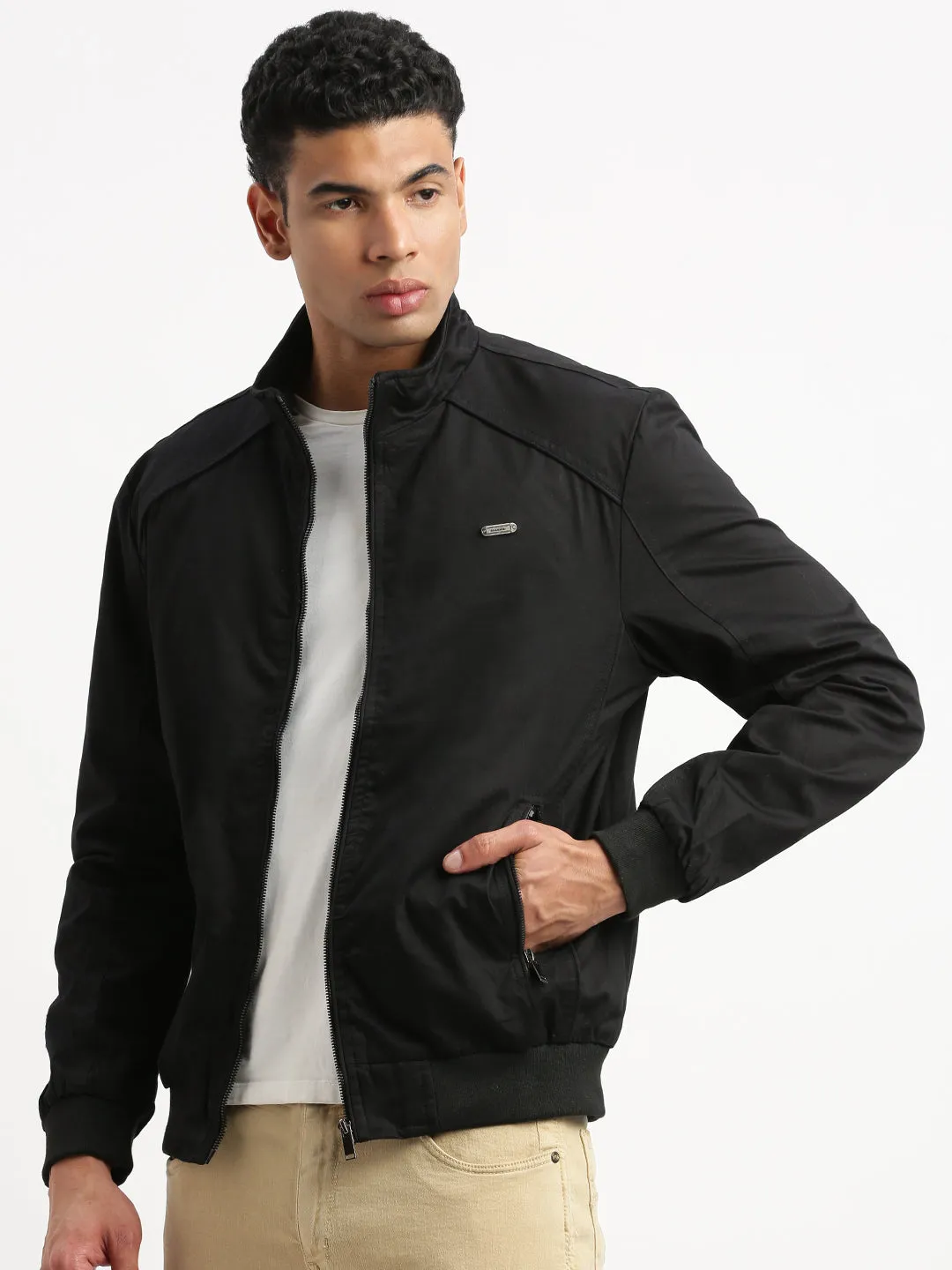 Men Mock Collar Solid Black Bomber Jacket
