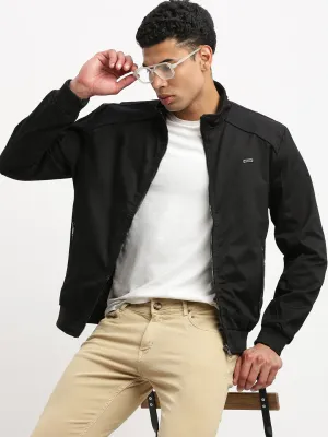 Men Mock Collar Solid Black Bomber Jacket
