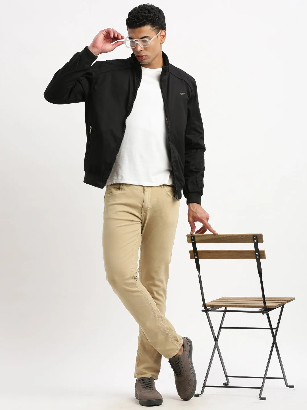 Men Mock Collar Solid Black Bomber Jacket