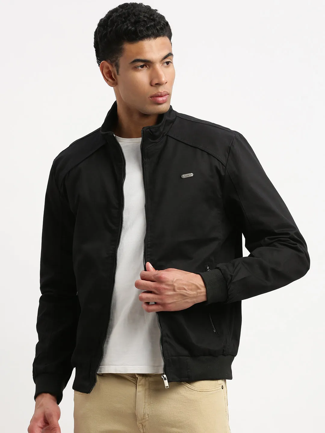 Men Mock Collar Solid Black Bomber Jacket