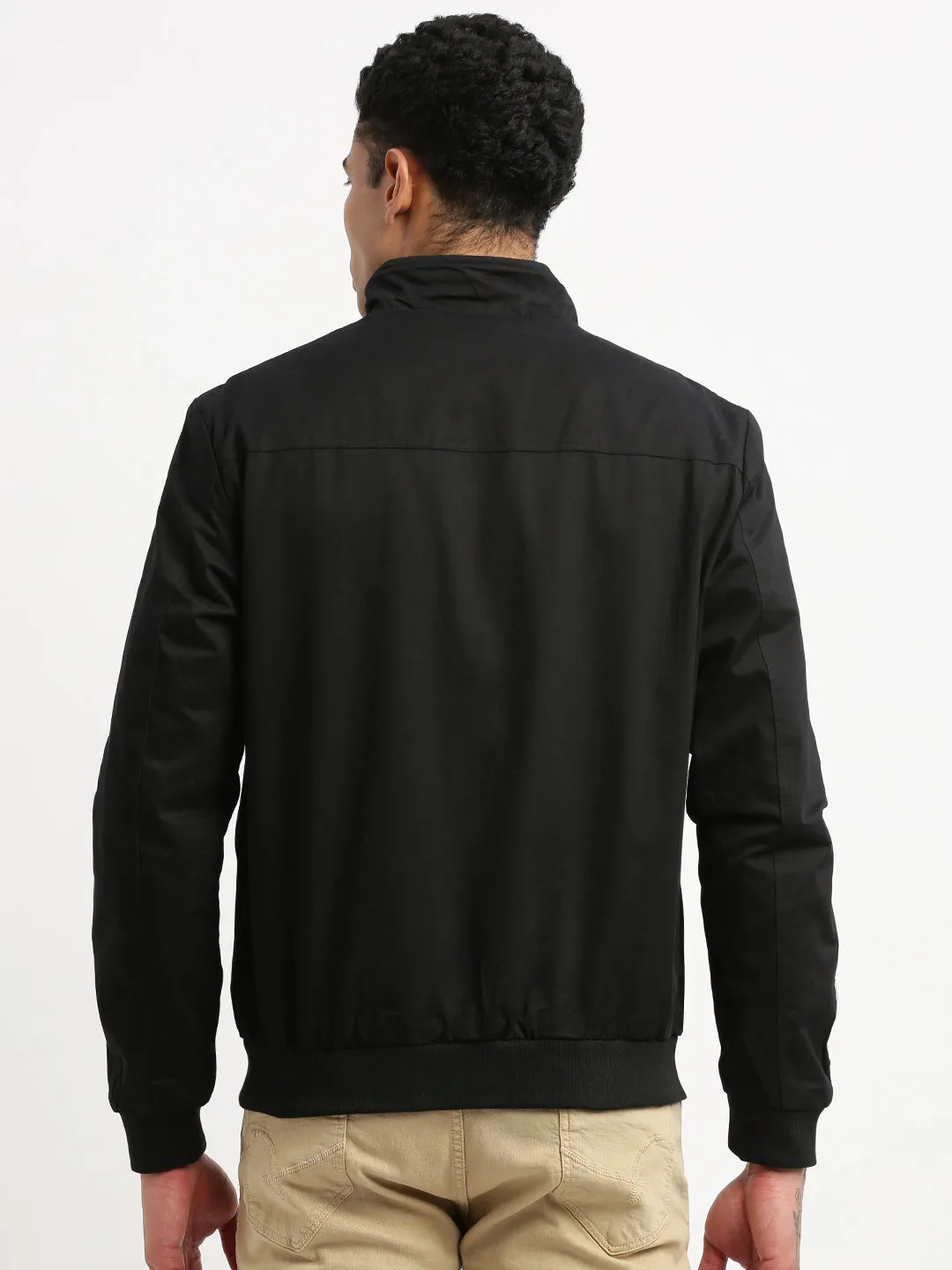 Men Mock Collar Solid Black Bomber Jacket