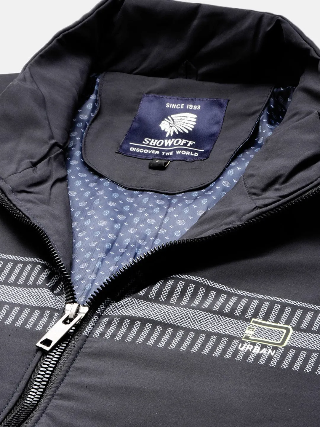 Men Mock Collar Solid Navy Blue Casual Bomber Jacket