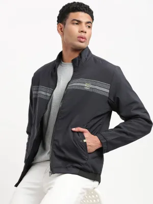 Men Mock Collar Solid Navy Blue Casual Bomber Jacket
