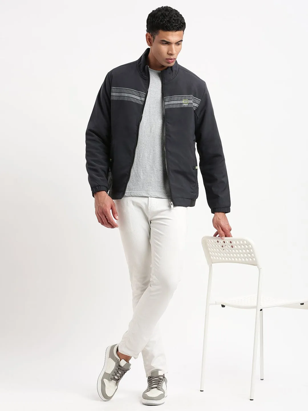 Men Mock Collar Solid Navy Blue Casual Bomber Jacket
