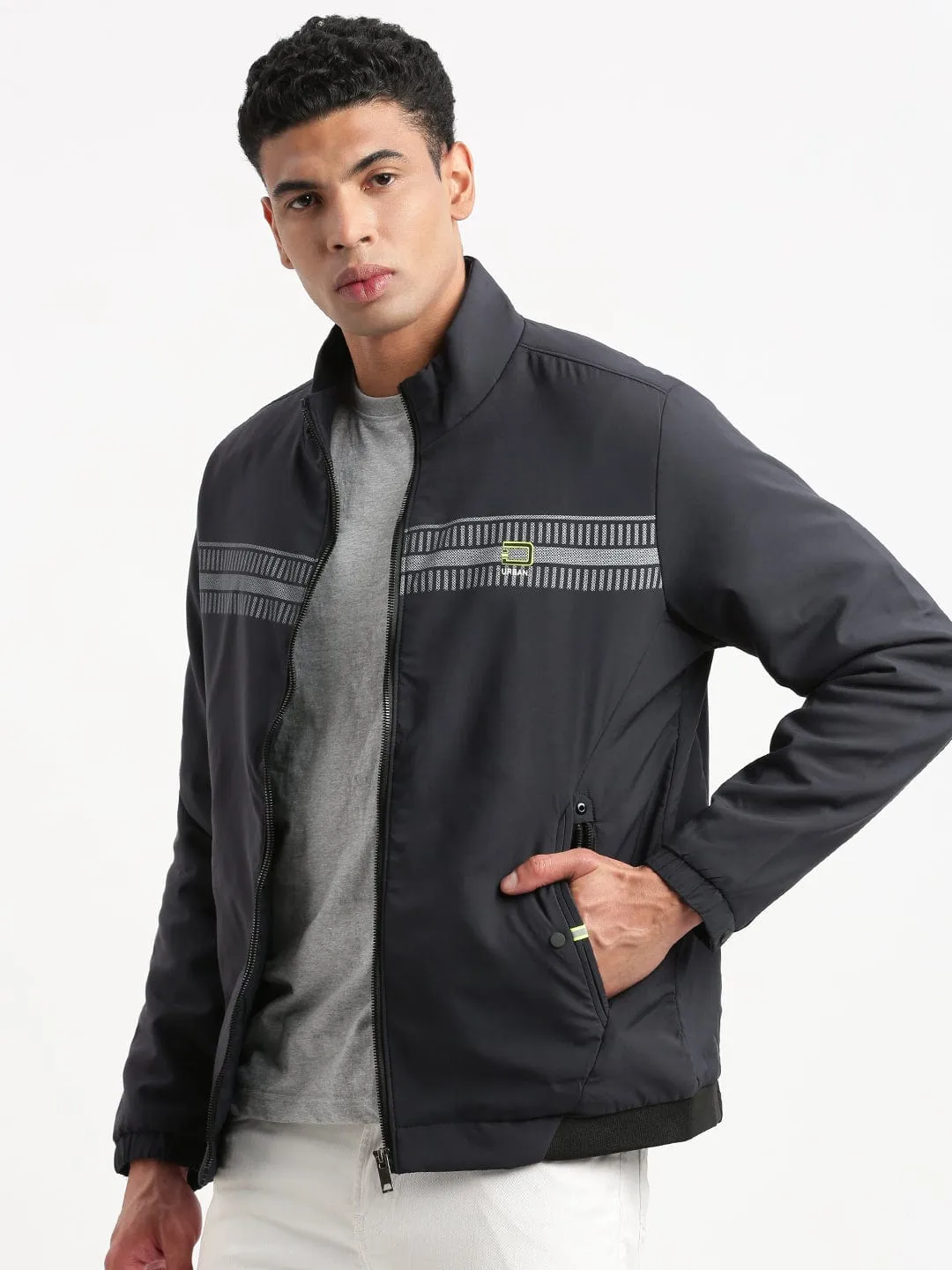 Men Mock Collar Solid Navy Blue Casual Bomber Jacket