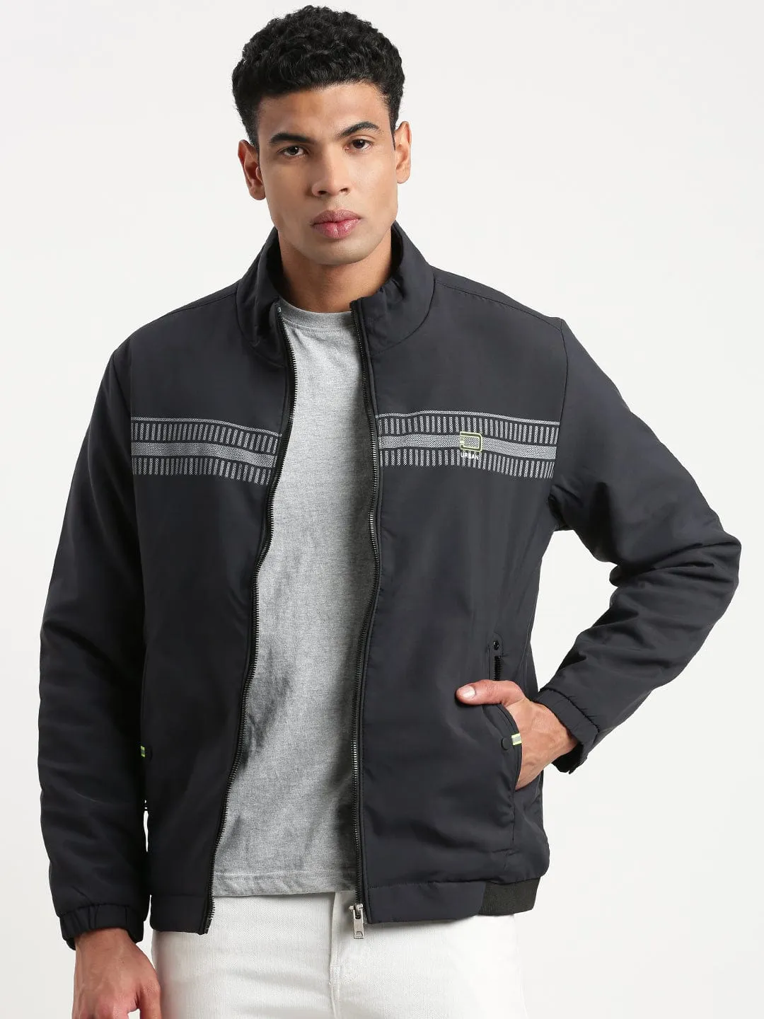 Men Mock Collar Solid Navy Blue Casual Bomber Jacket