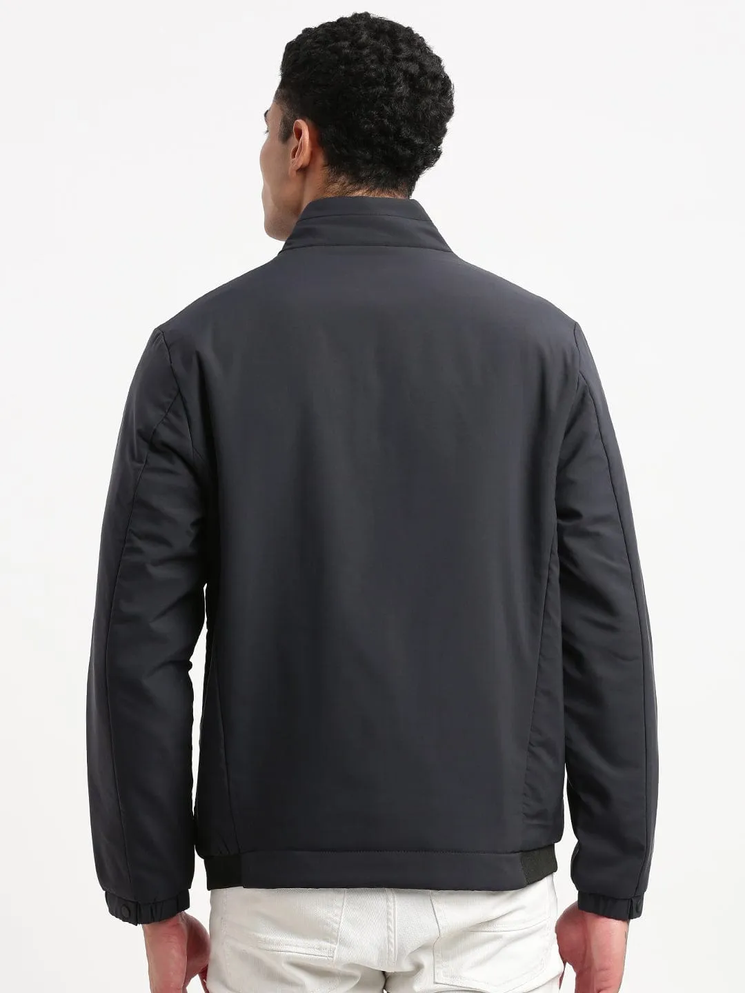 Men Mock Collar Solid Navy Blue Casual Bomber Jacket