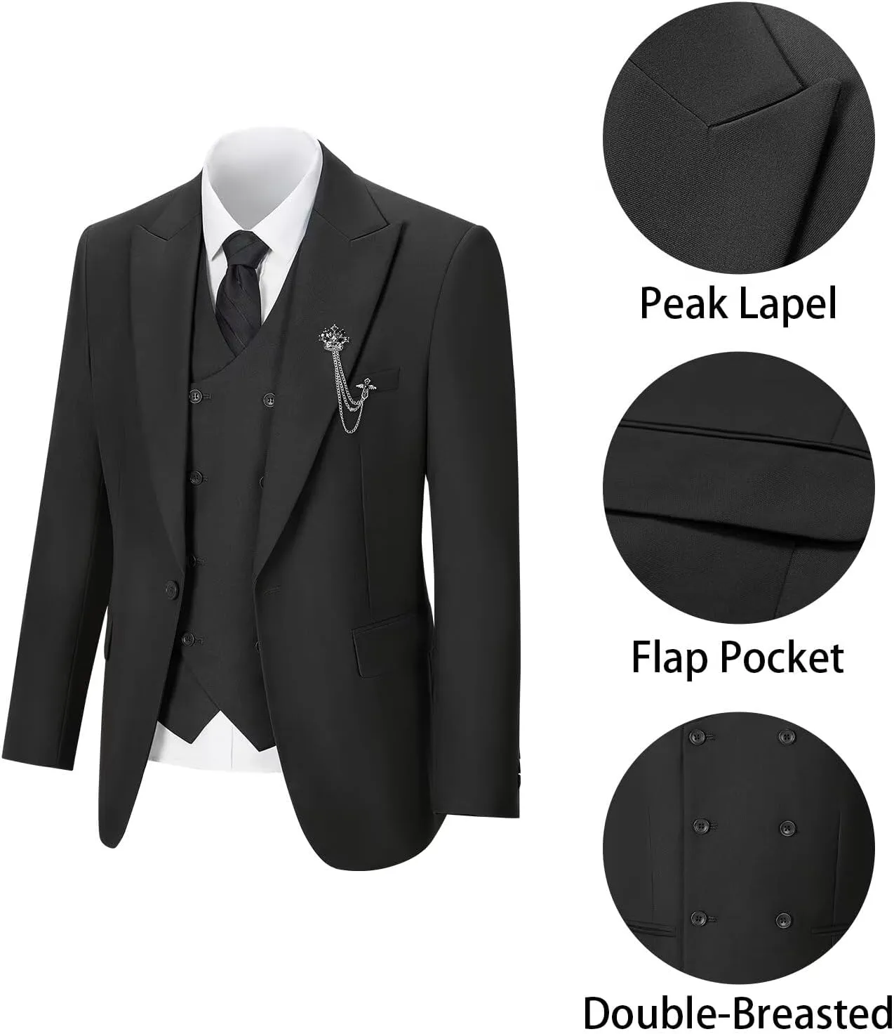 Men's 3 Piece Suit Slim Fit Classic One Button Suit for Men Groomsmen Business Prom Double Breasted Vest Blazer Tuxedo